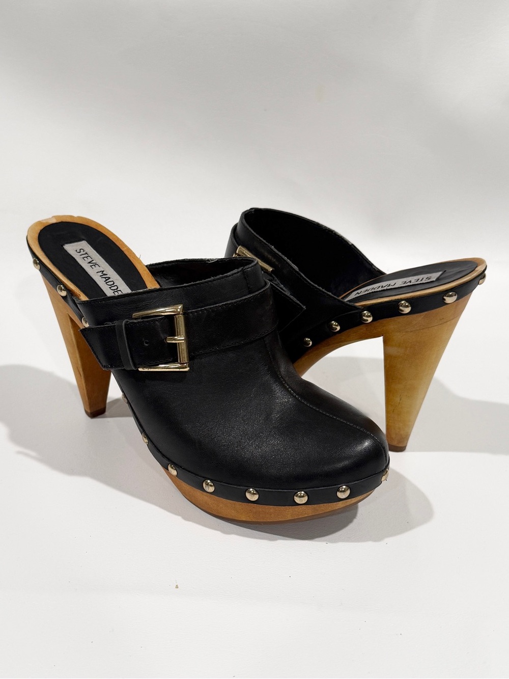 Steve Madden P-Estele Black Leather Studded High Heel Clog Mules, Size 7.5